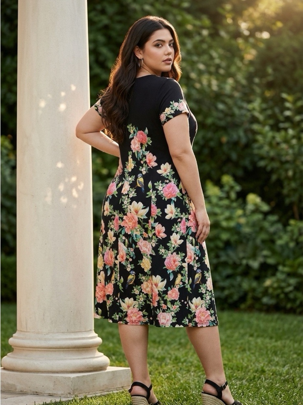 Johnny Was Black Midi Dress with Pink and Cream Floral Print